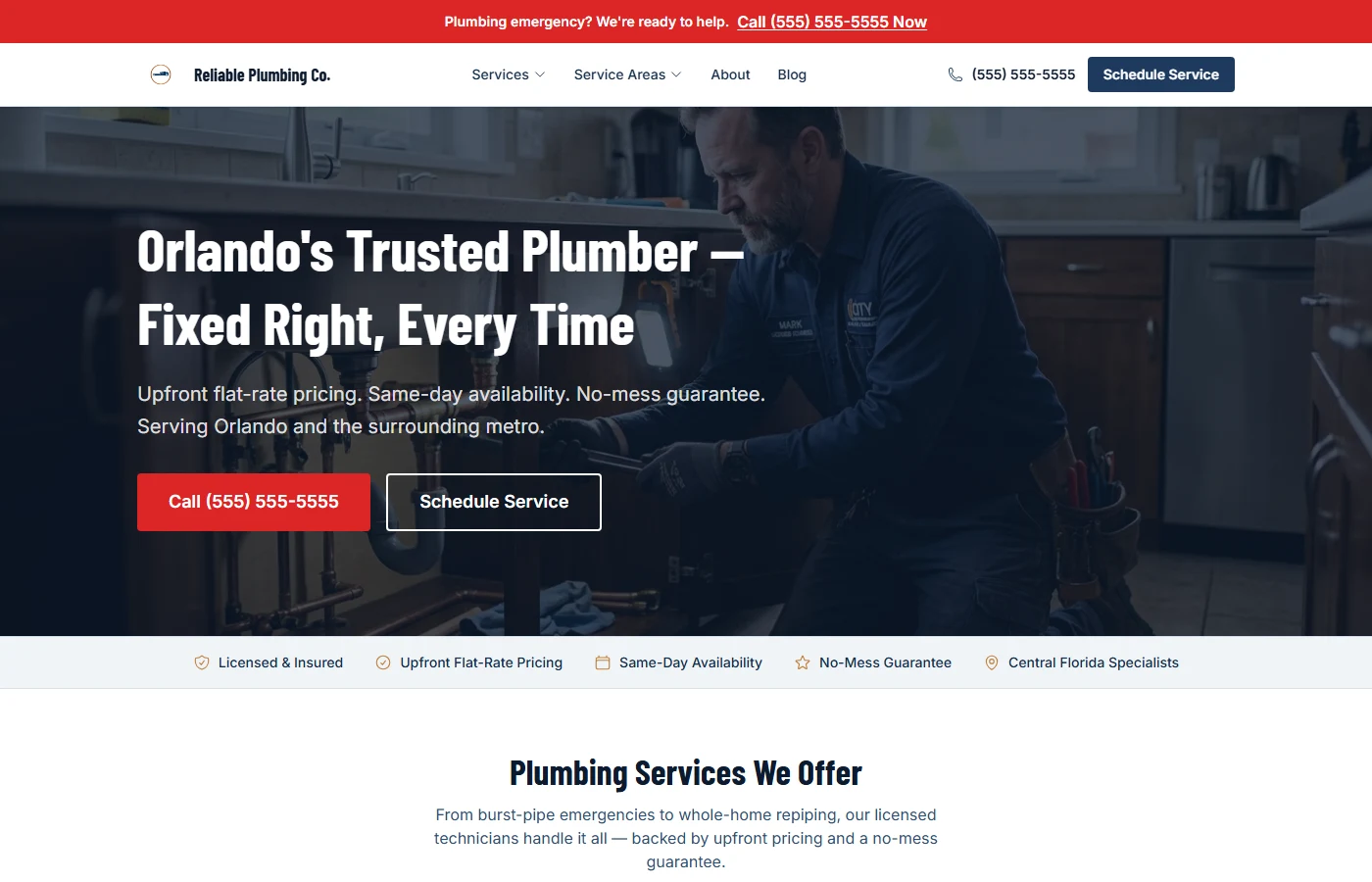 Modern plumbing contractor website example built by Sunray Vector Systems