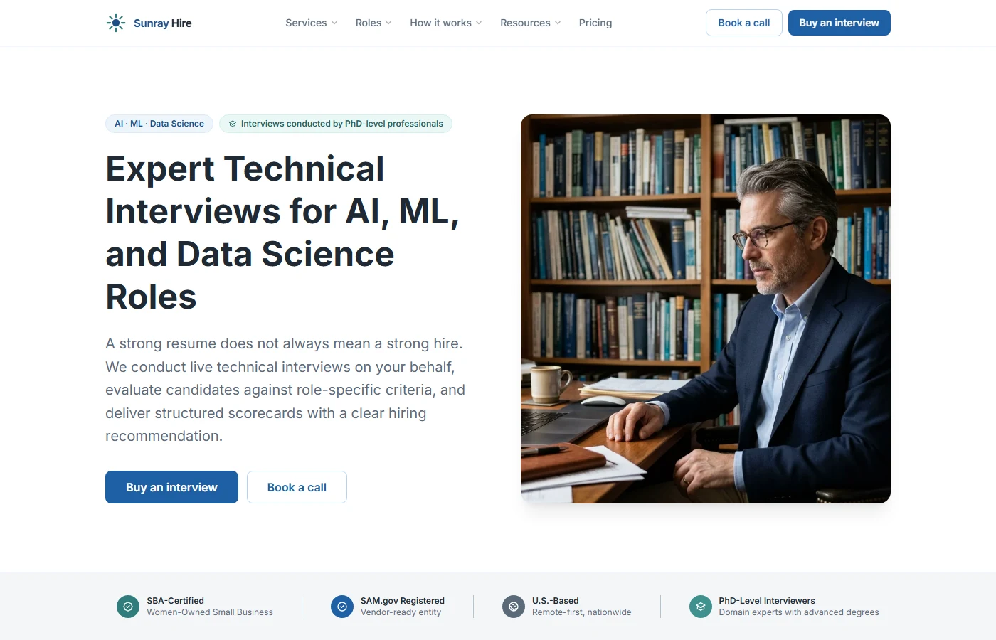 Sunray Hire AI/ML technical interview service website built by Sunray Vector